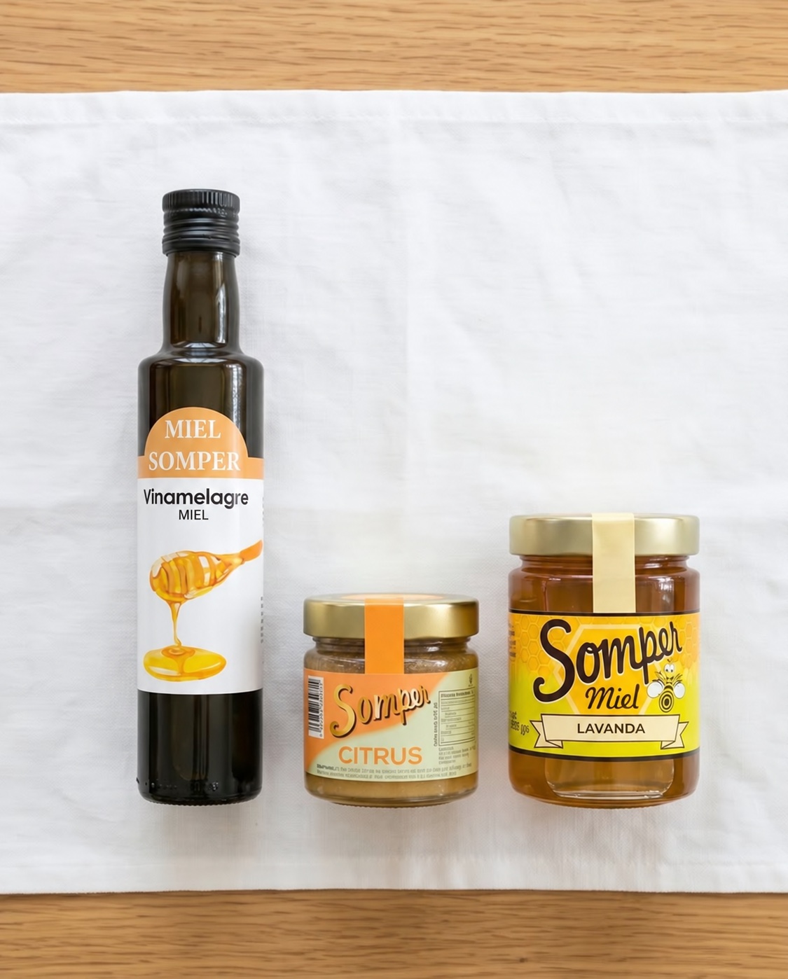 Vista cenital de los tres productos del lote Básico Somper