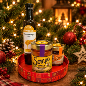 Pack Navidad Básico Somper con miel de romero, Citrus y Vinamelagre de miel en bandeja roja