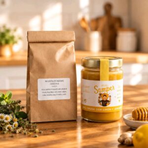 Tarro de Alquimia Somper de miel con limón y jengibre junto a una bolsa de infusión digestiva